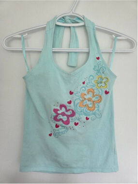 Vintage Limited Too Y2K Halter Top Flowers Gemstones Sz12 XS Baby Blue Kidcore